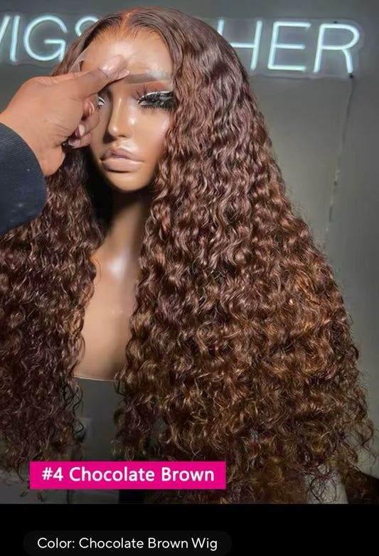 30”chocolate brown Water Wave Lace Front 100% Human Hair Curly Full 12A 13*4 180% $30,000 JMD