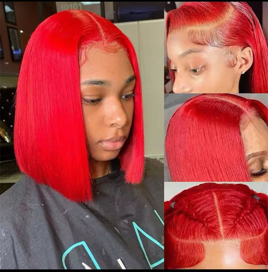 10” Red bob wig human hair 12A 180% lace frontal wig