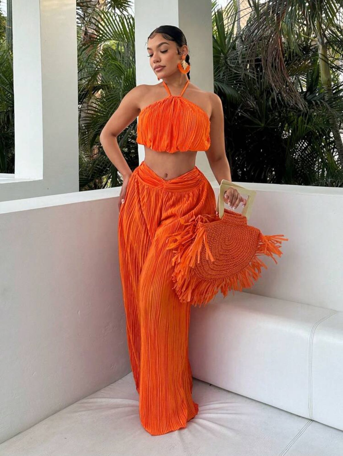 Sexy 2 pc halter twist top set orange fit