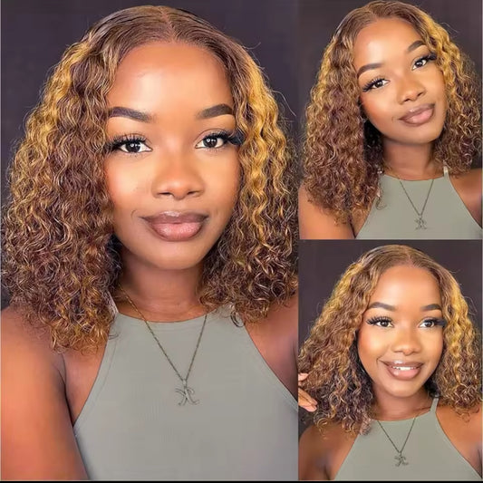 Highlight Color Short Bob Wigs Deep Curly 13x4 Lace Frontal Wigs Brazilian Human Hair Deep Wave Ombre Color Full Frontal Bob Wig