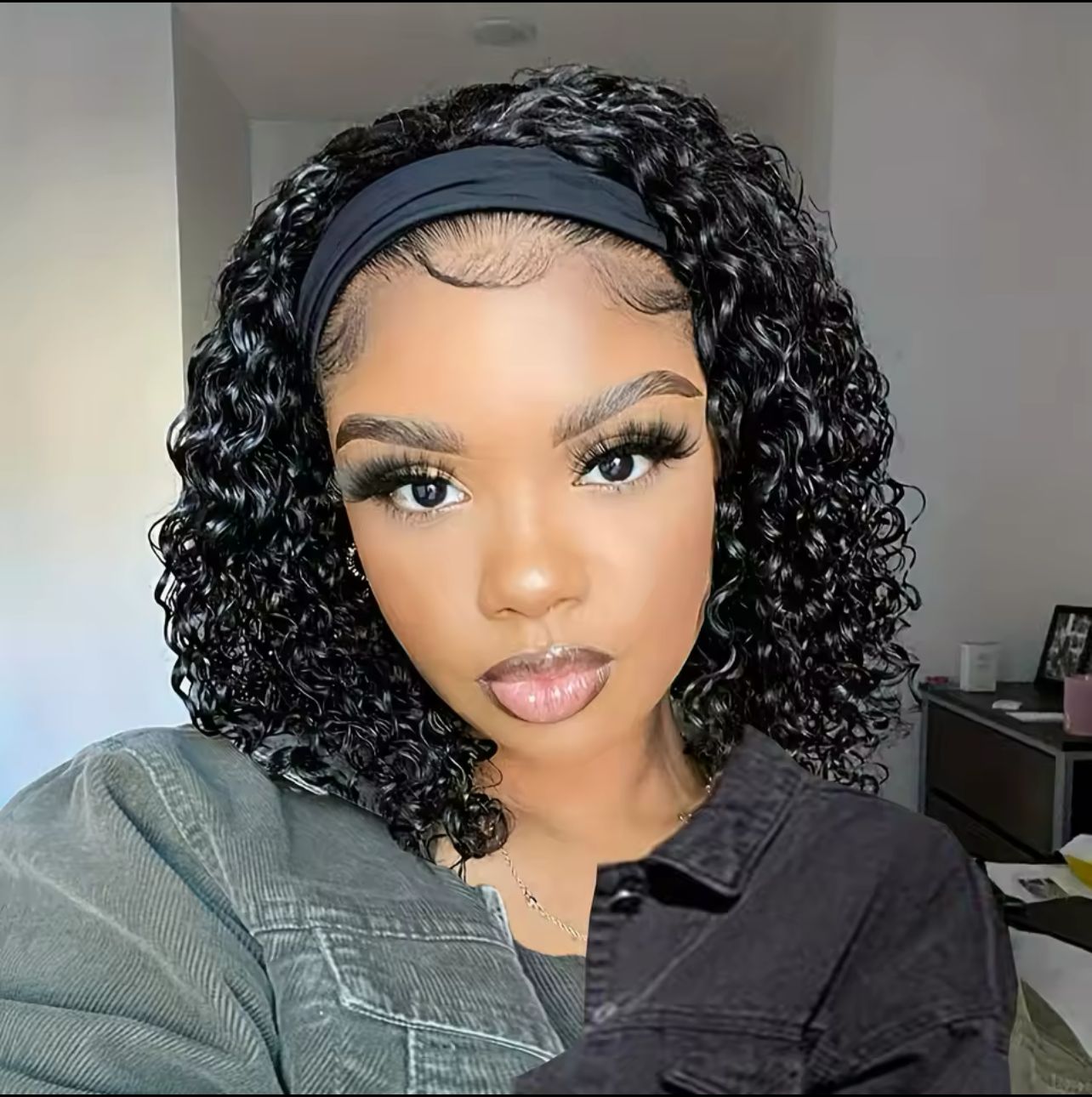 14” Deep Wave Headband Wig Human Hair Curly Bob Wigs For Women 100% Real Hair Bob Wigs Full Machine made Natural Black Hair $9,000 JMD