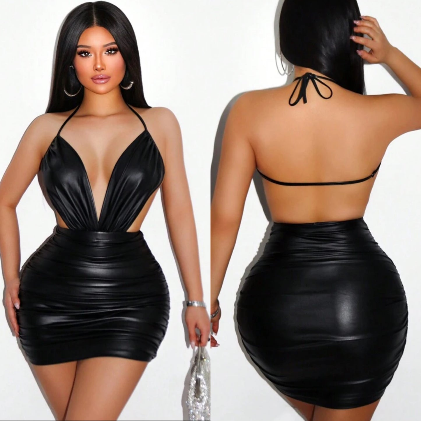 Leather black short skirt set