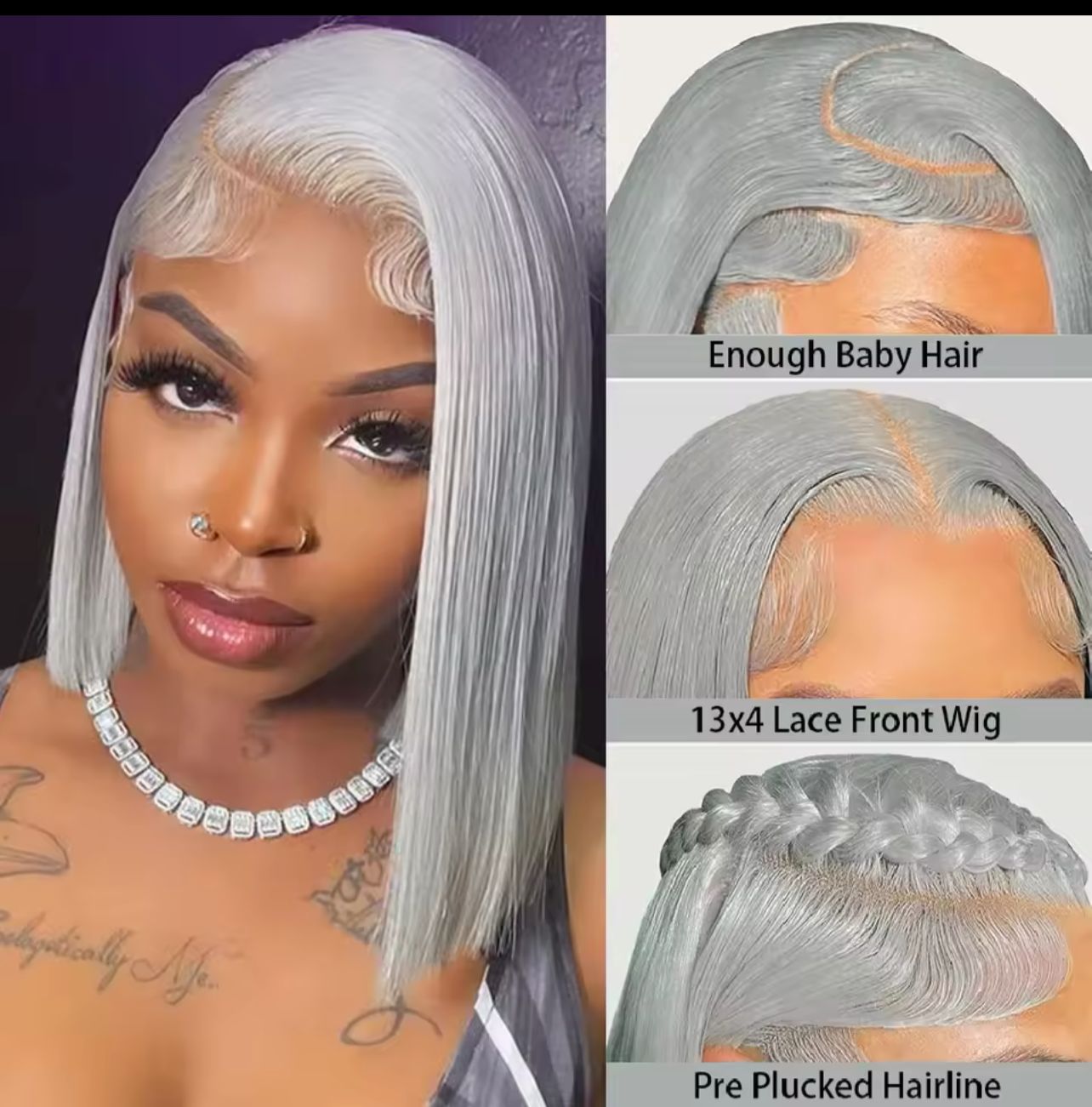 10” Silver grey bob human hair 180% 10A