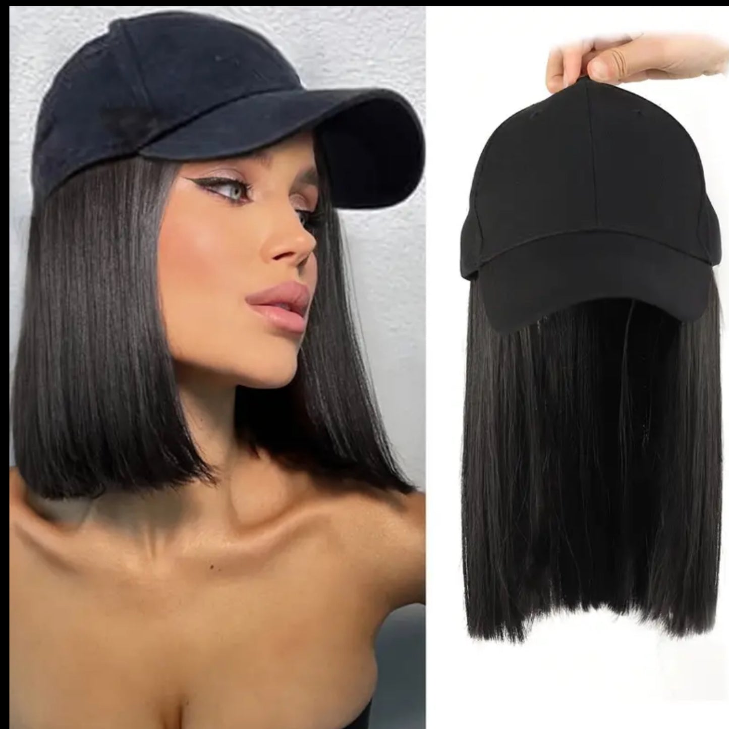 10 Inch Synthetic Straight Hair Black Baseball Cap for Women, Heat Resistant Fiber Hat Suitable for Daily Casual Use