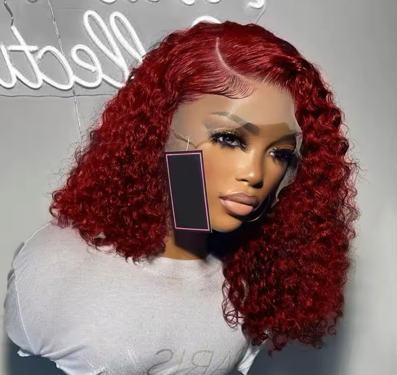 14” Red bob wig deepwave 180% human hair lace frontal