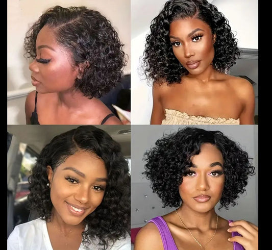 200% Density 100% Brazilian Human Hair Chic Short Curly Side Part Lace Front Wig - Water Wave Style for Women, 13x4 T-Part